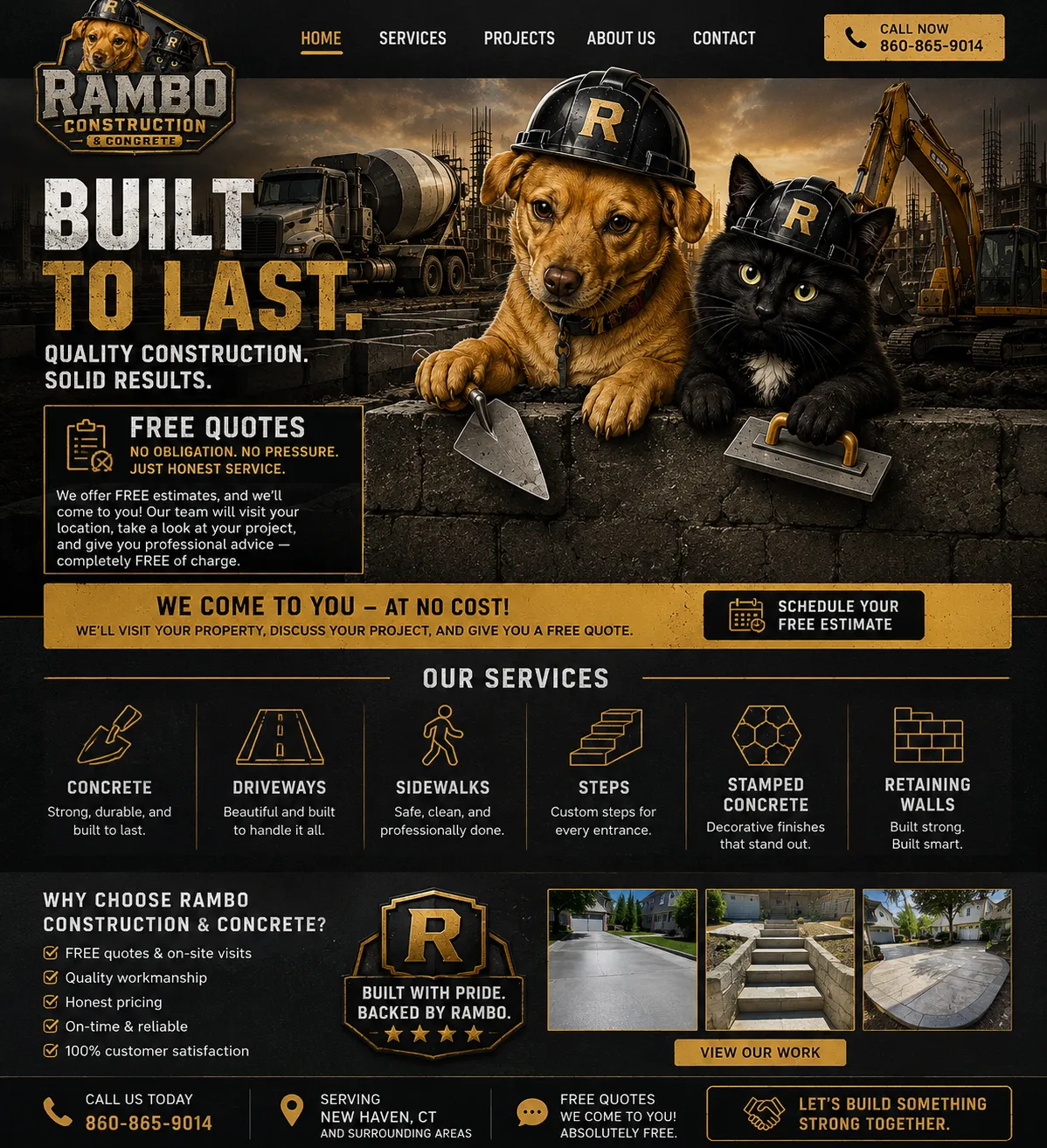 Rambo Construction & Concrete flyer: built to last, free quotes, our services